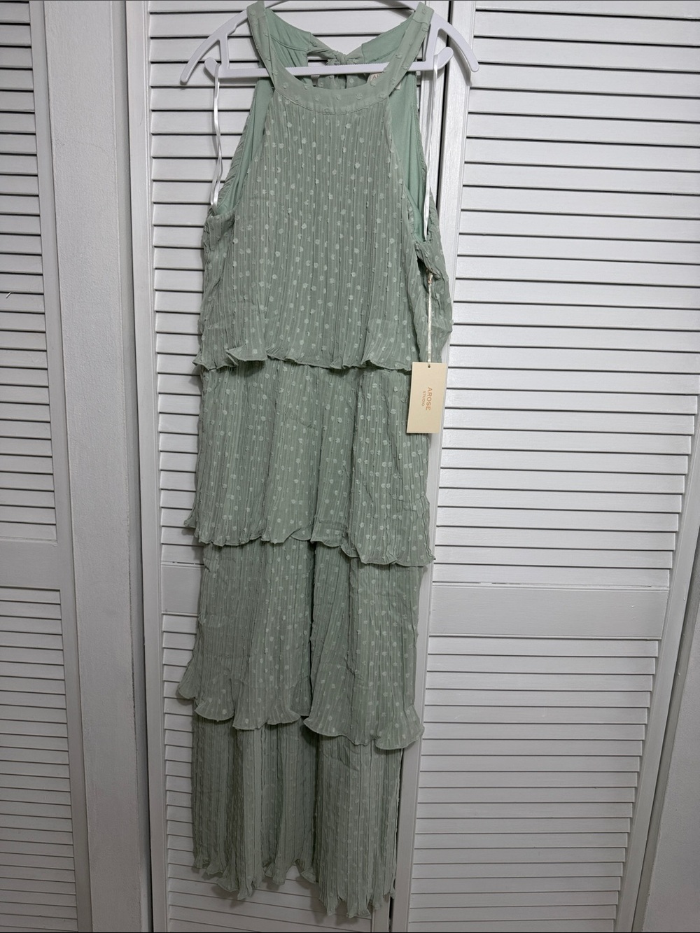 AROSE LAUREN HALTER NECK PLEATED SWISS DOT TIERED SAGE GREEN MIDI DRESS S/M NWT - Picture 9 of 11